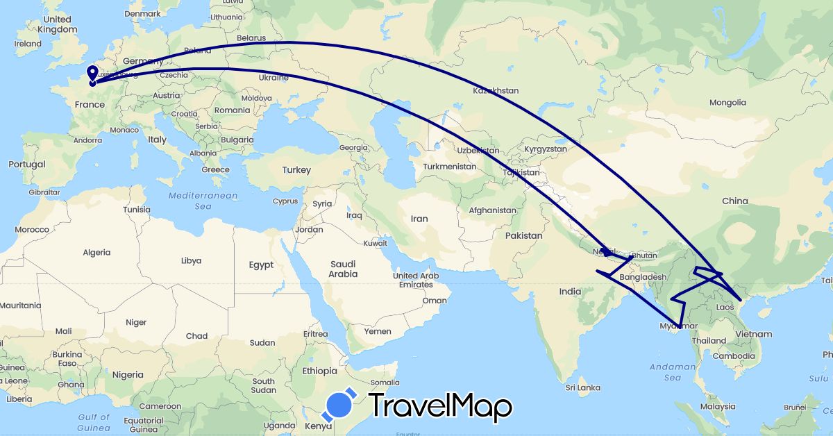 TravelMap itinerary: driving in China, France, India, Myanmar (Burma), Nepal, Vietnam (Asia, Europe)